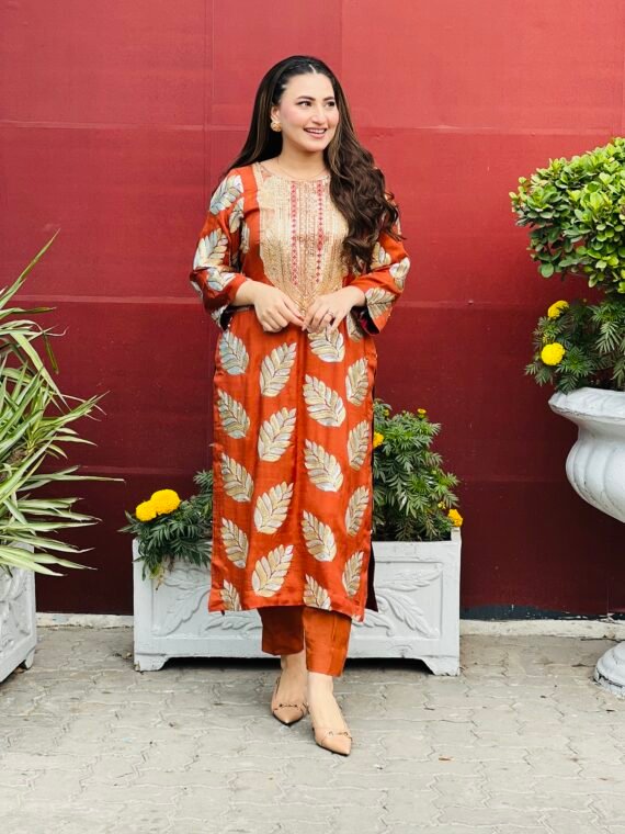 Embroidered Long Shirt Suite with Trouser