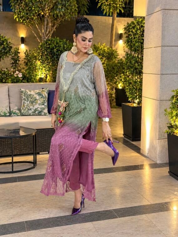 Embroidered slim Long double shaded Shirt With Tussle Silk Trouser